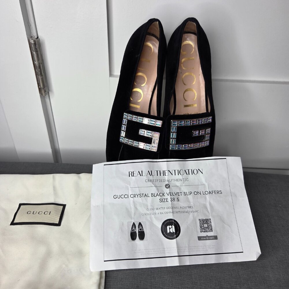 Authenticated Gucci Women's Crystal Black Velvet Slip-On Loafers - Size 38.5 - Picture 8 of 9